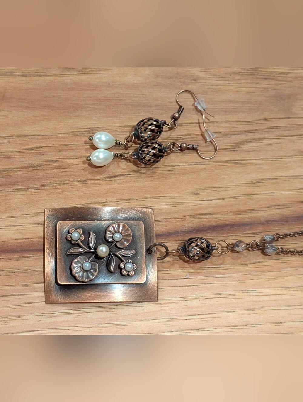 Copper-Tone Pearl Drop Earrings and Pendant Set - White Pearls